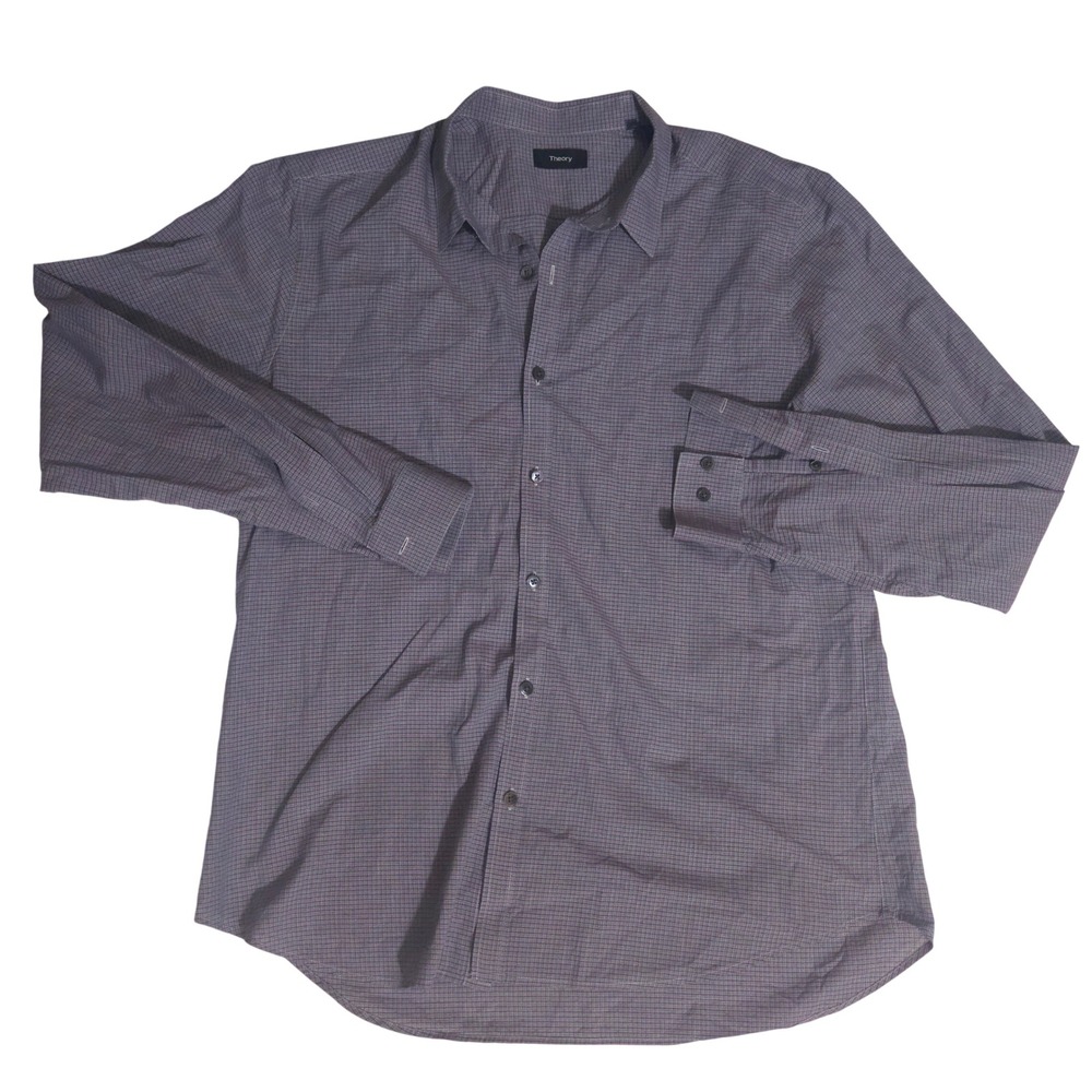 Theory Mens XL Long Sleeve Button Down Shirt Grey Purple Micro Check Grid